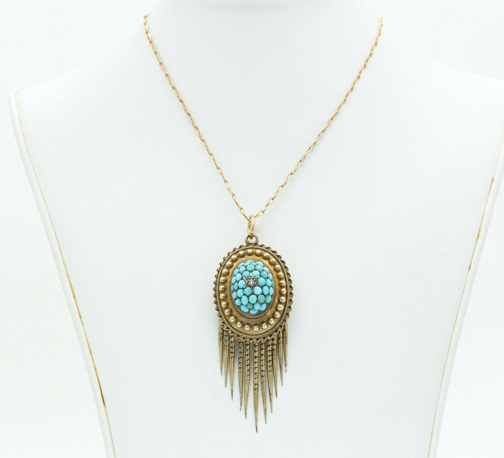Victorian 14K 10K Yellow Gold Turquoise Diamond Chain Pendant
