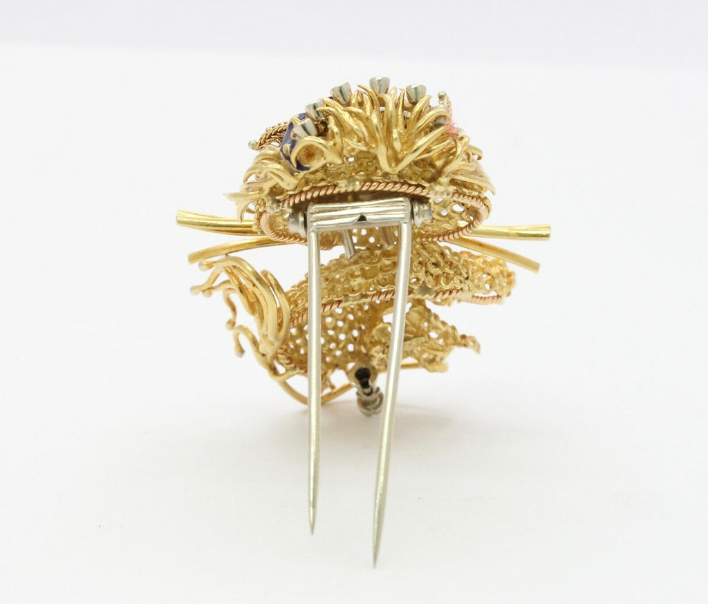 Elegant and Fun Vintage Lion Brooch 18K Diamonds Emeralds Enamel Onyx