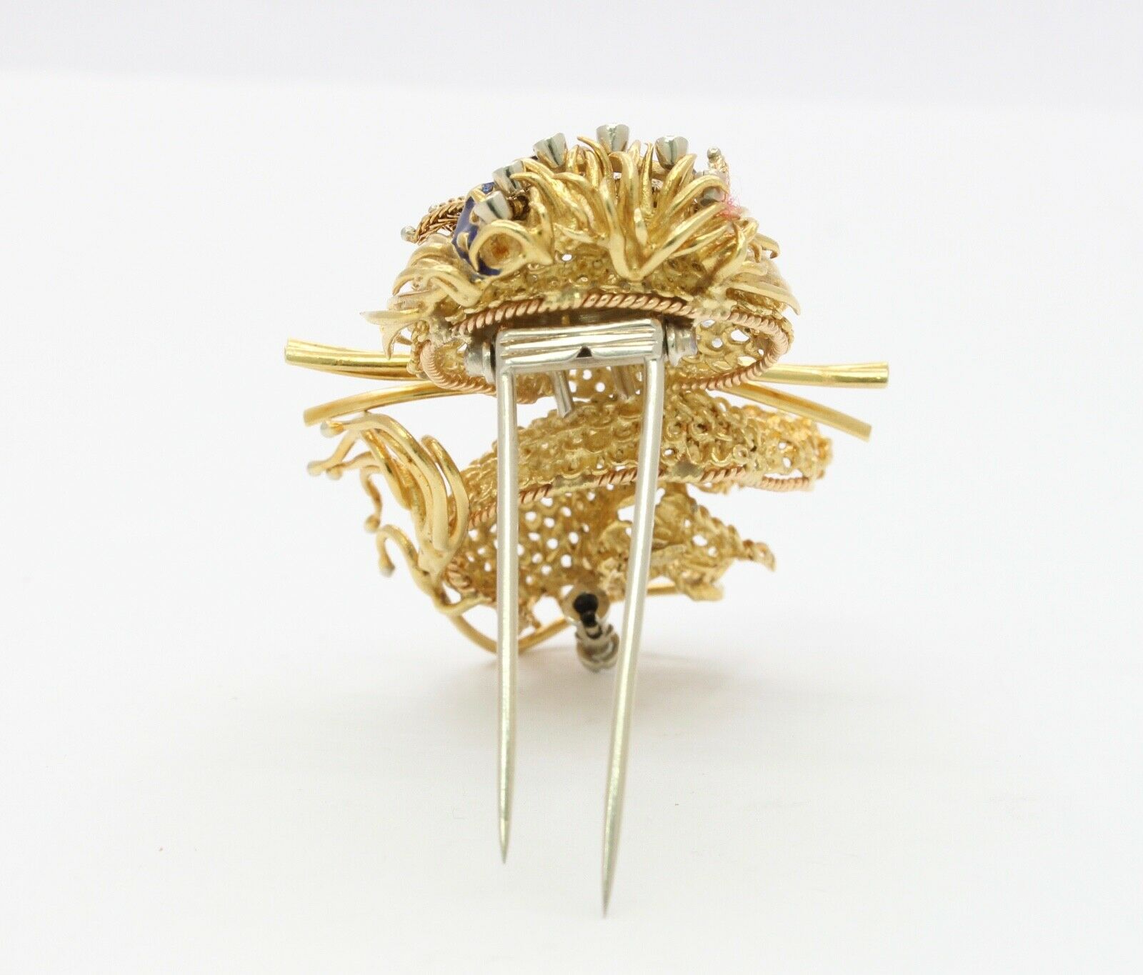 Elegant and Fun Vintage Lion Brooch 18K Diamonds Emeralds Enamel Onyx