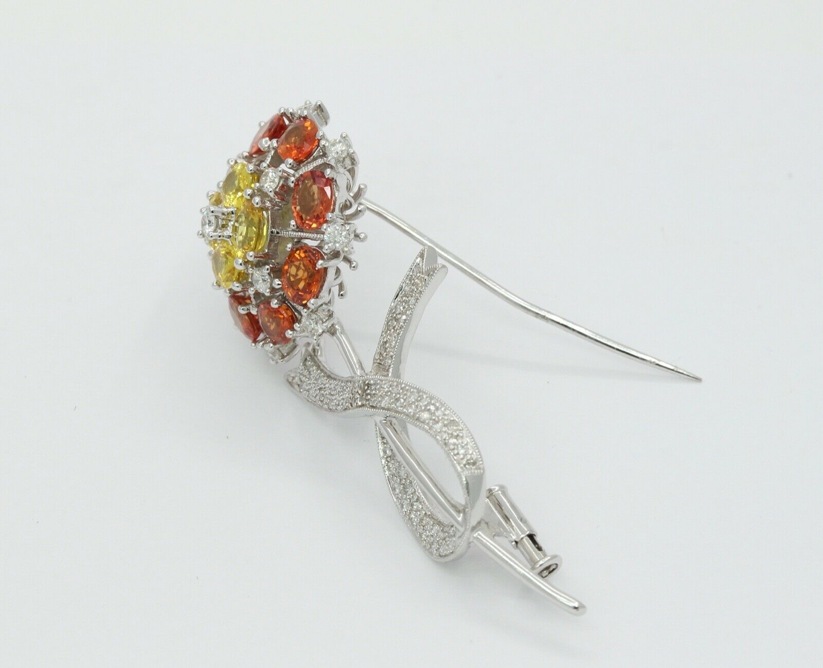 Vintage 18K White Gold Yellow Orange Sapphires Diamonds Brooch Pin