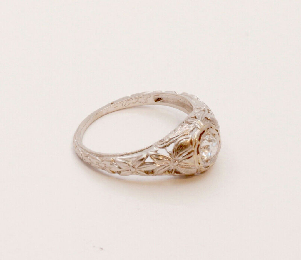 Art Deco Diamond Carved Flowers Platinum Ring