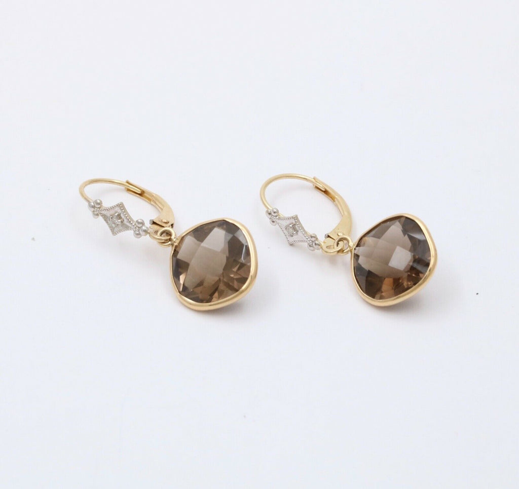 Minimalist Smoky Quartz 14K Yellow Gold Dangling Earrings.