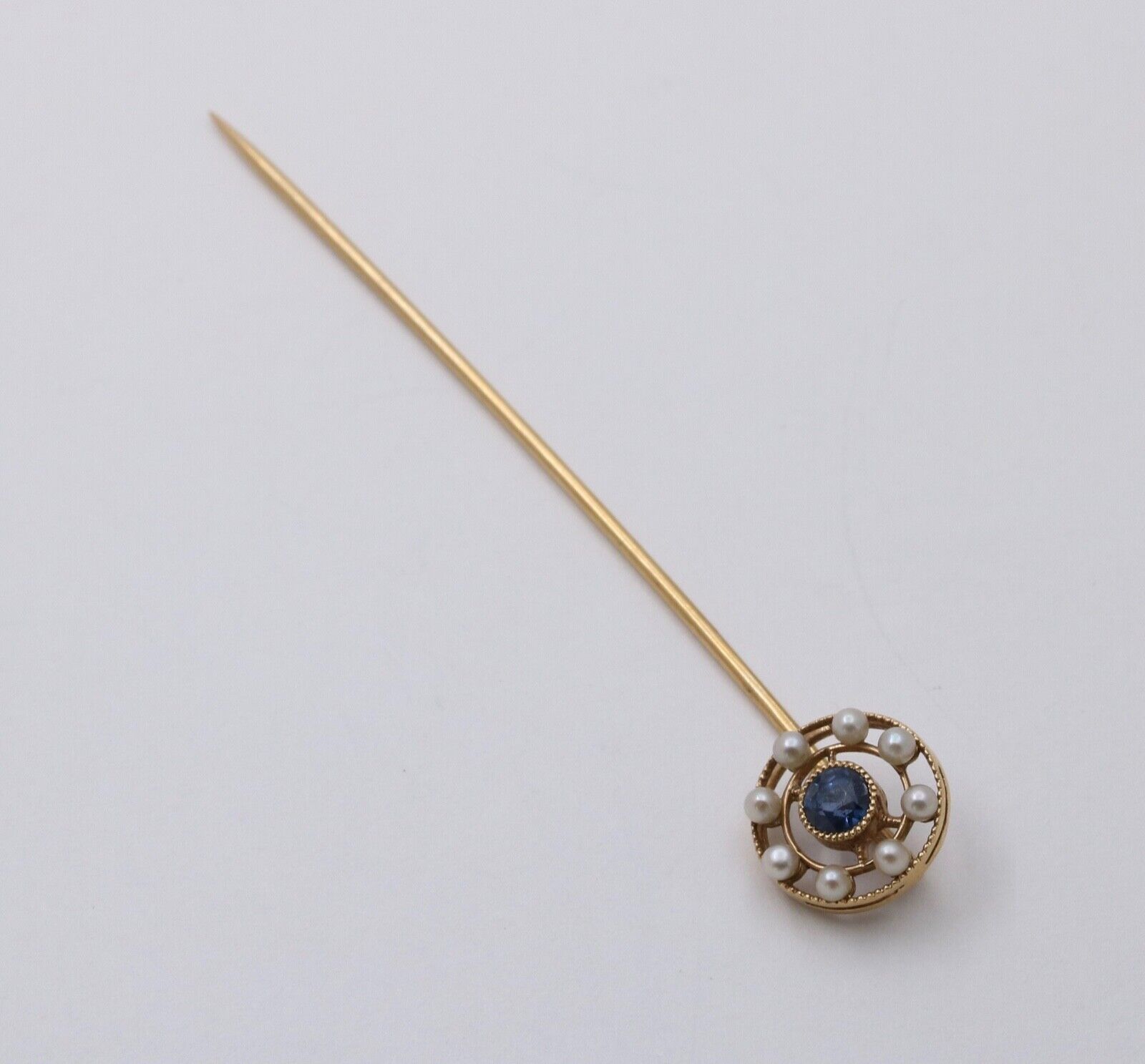 Antique Art Deco Sapphire and Pearl 14K Yellow Gold Stick Pin
