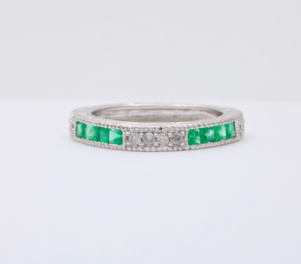 Gorgeous 14K White Gold Emerald & Diamond Half Eternity Ring Band, Wedding Band.