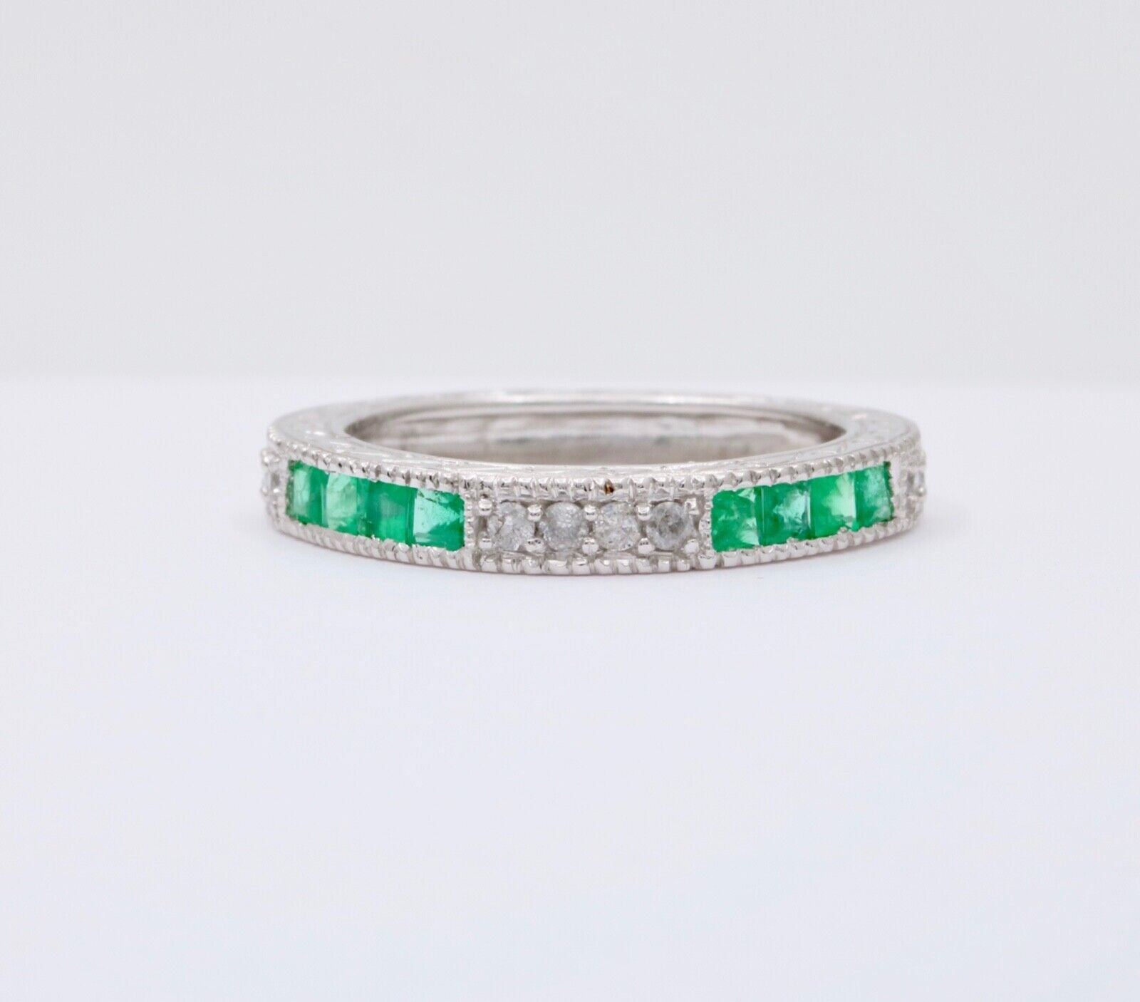 Gorgeous 14K White Gold Emerald & Diamond Half Eternity Ring Band, Wedding Band.