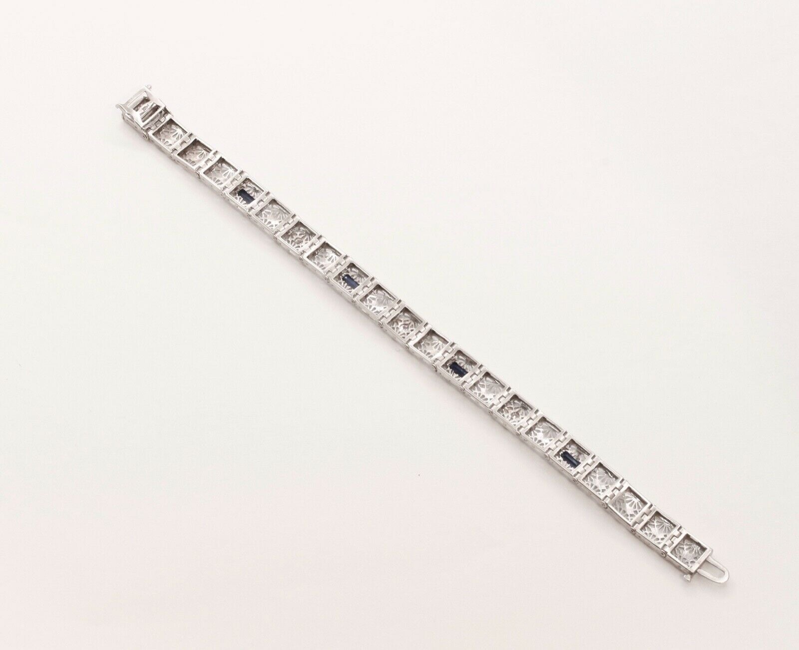 Art Deco Ladies Bracelet Diamonds Blue Sapphires 14K White Gold