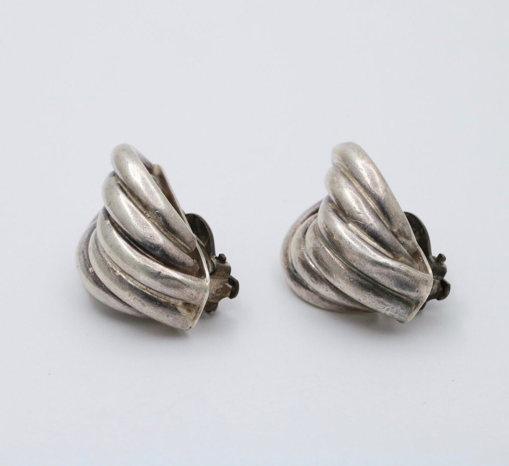 Vintage Mexico Sterling Silver Geometric Large Clip On Earrings