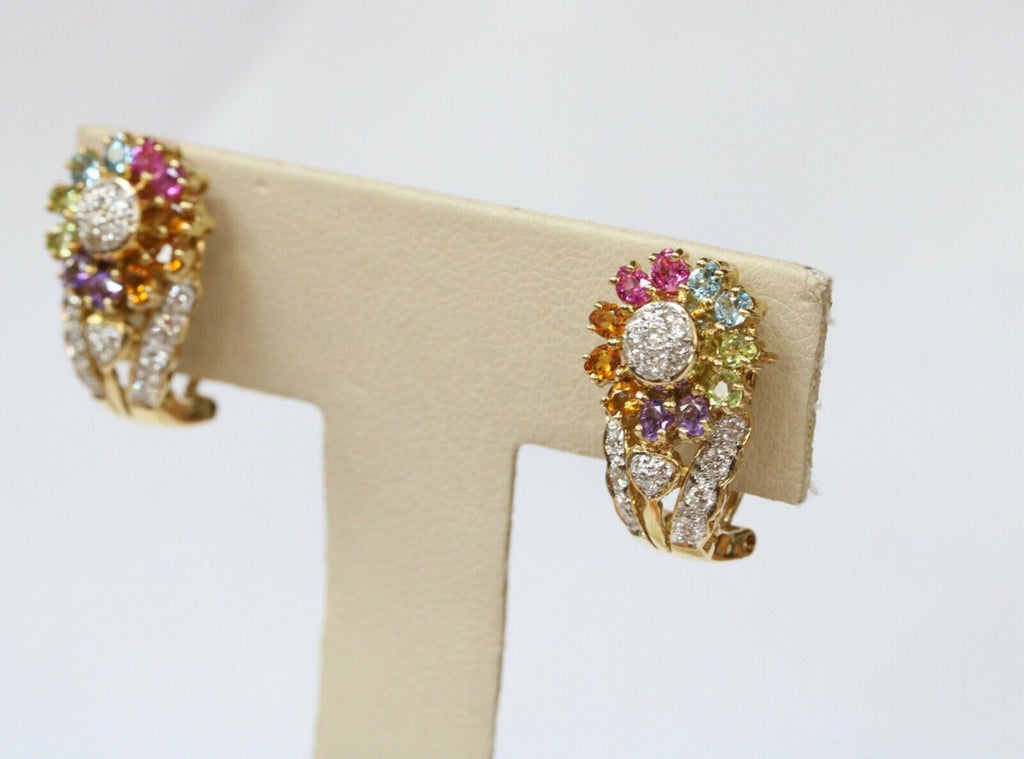 Vintage Sparkling Multi Stone 18K Yellow Gold French Clip Earrings