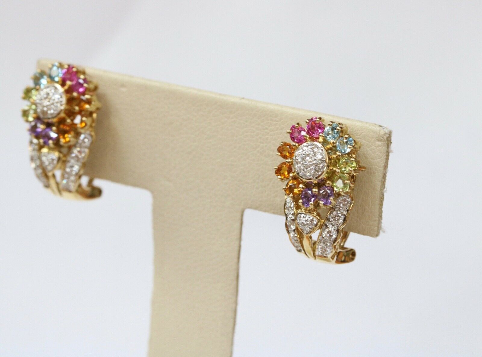 Vintage Sparkling Multi Stone 18K Yellow Gold French Clip Earrings