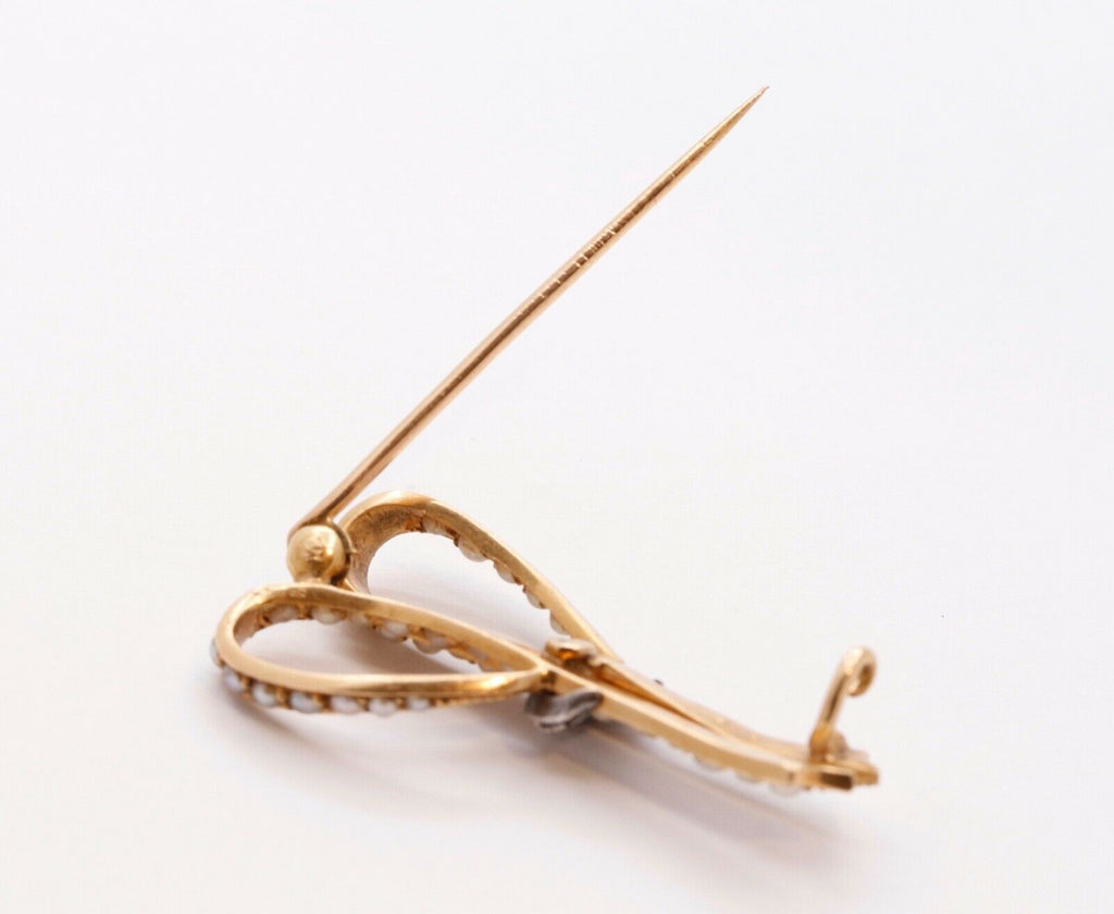 Victorian Ribbon 18K Yellow White Gold Diamonds Seed Pearls Brooch Pin