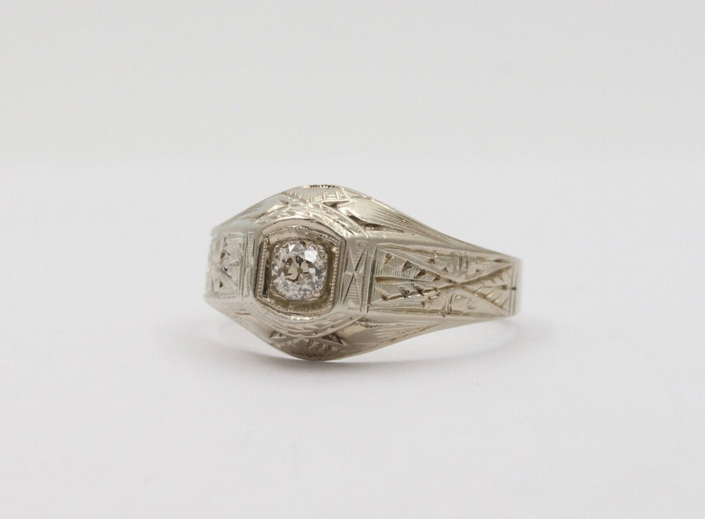 Art Deco Diamond 18K White Gold Ring Band, Engagement Ring