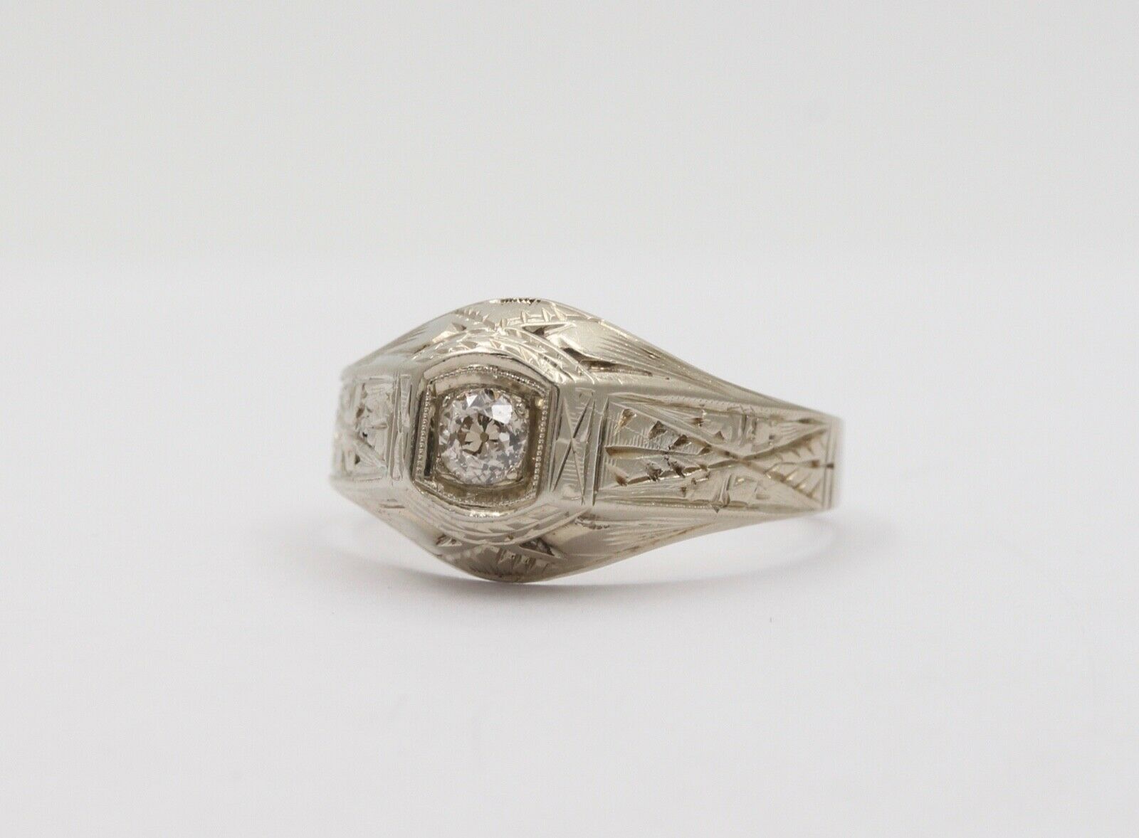 Art Deco Diamond 18K White Gold Ring Band, Engagement Ring