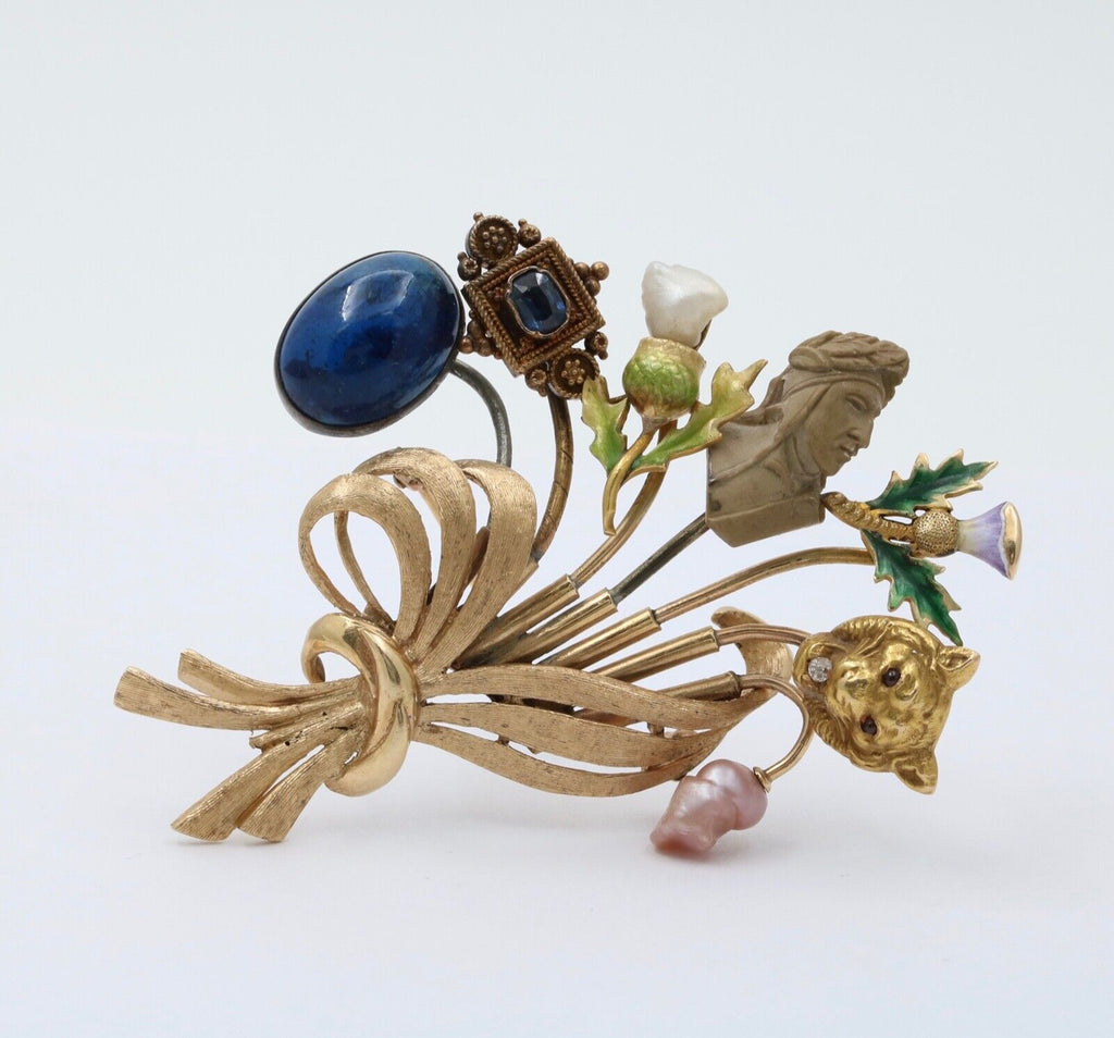 Vintage 14K Gold Stick Pin Conversion Brooch, Enamel Sapphire, Pearl.