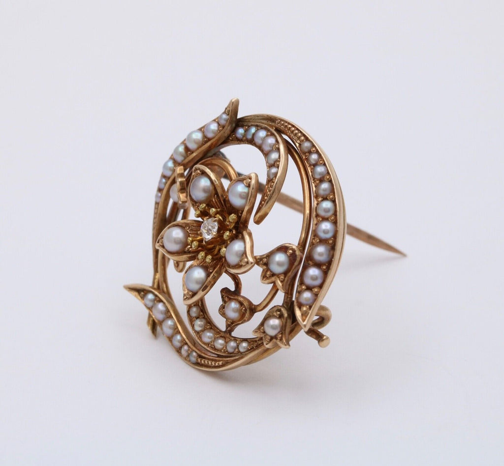 Antique Victorian 14K Yellow Gold Diamond and Pearl Floral Brooch, Pin