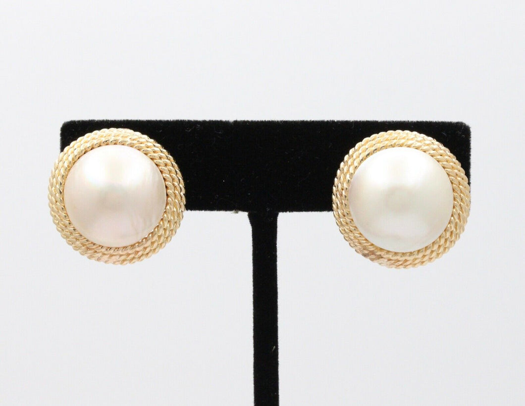 Vintage 14K Yellow Gold Large 16 mm Mabe Pearl Earrings.