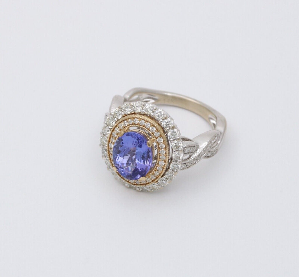 Vintage Tanzanite And Diamond Halo 14K White Gold Ring