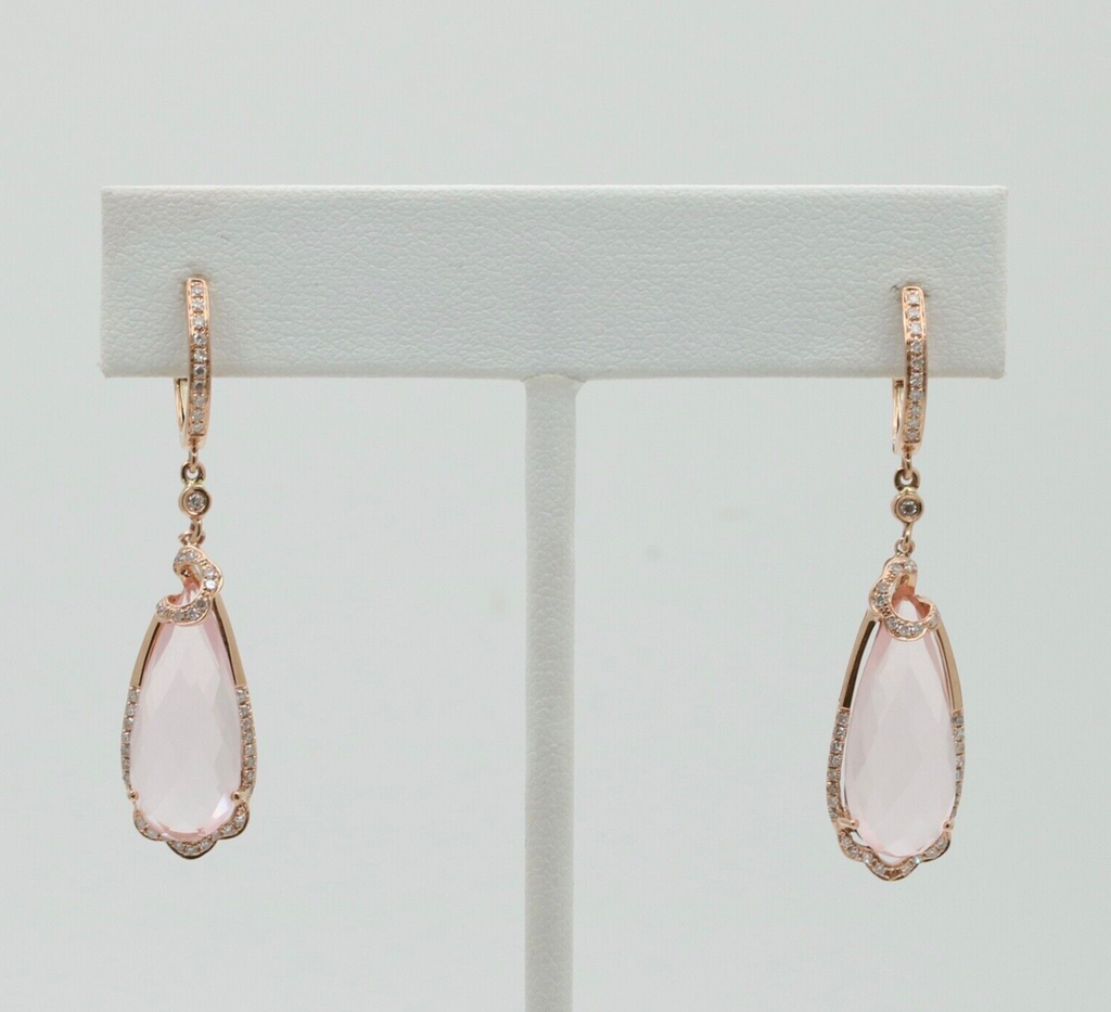 Lovely 14K Rose Gold Pink Quartz & Diamond Drop Earrings.
