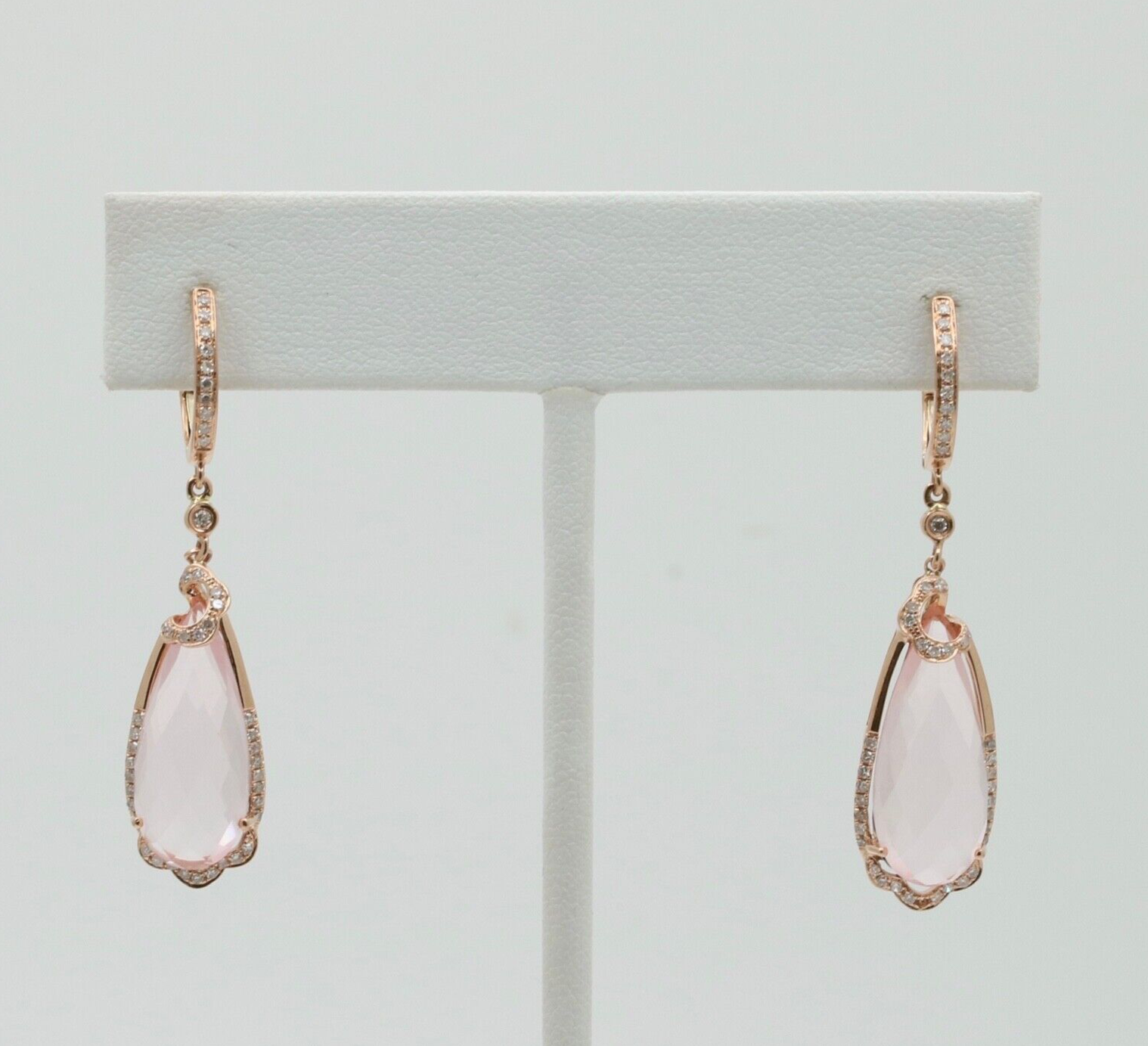 Lovely 14K Rose Gold Pink Quartz & Diamond Drop Earrings.