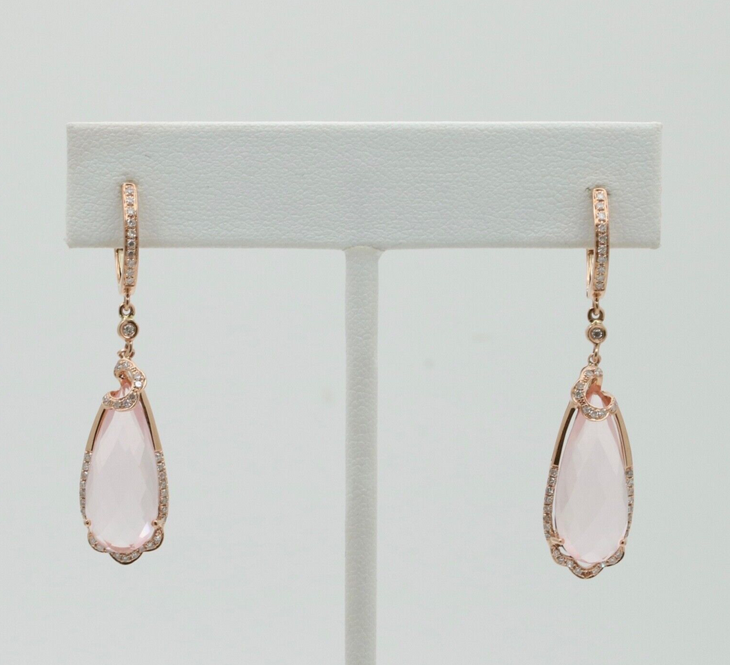 Lovely 14K Rose Gold Pink Quartz & Diamond Drop Earrings.