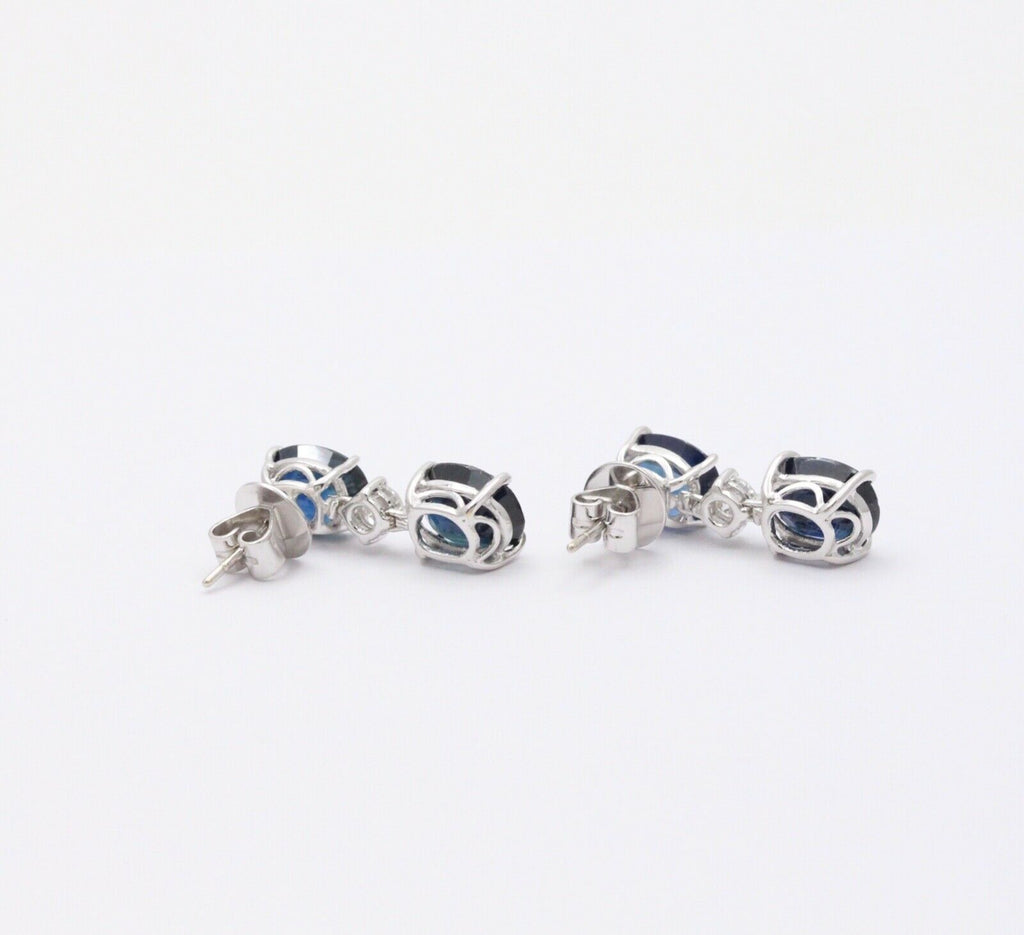 Elegant Blue Sapphires Diamonds 18K White Gold Dangle Earrings