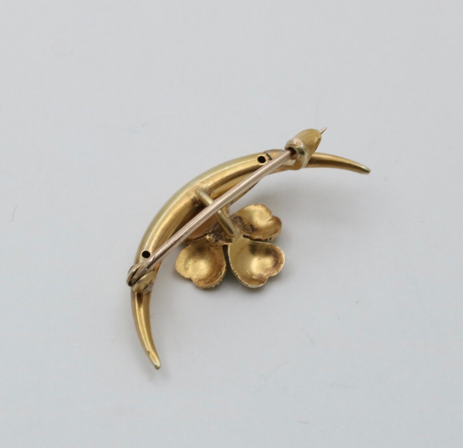 Victorian Crescent Enamel Four Leaf Clover Seed Pearl Brooch Pin