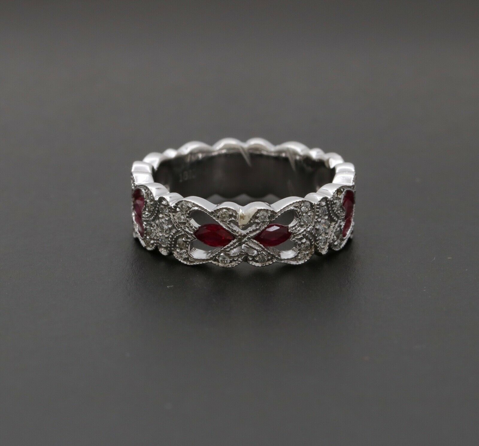 Vintage 18K White Gold Ruby & Diamond Half Eternity Heart Band Ring