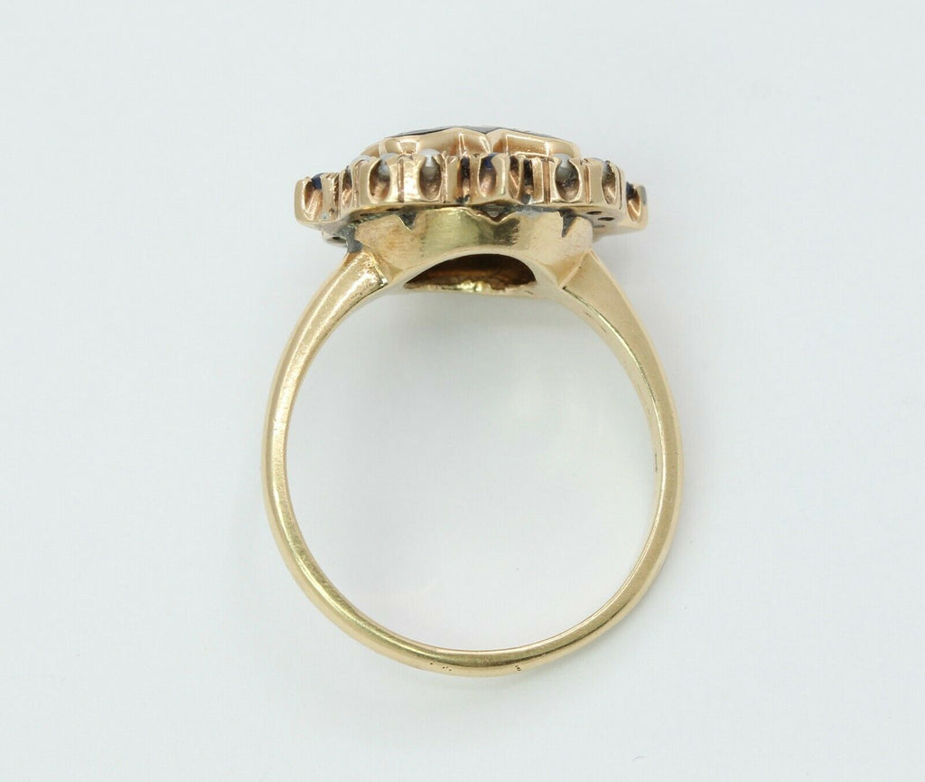 Vintage 14K Yellow Gold Phi Mu Badge Sorority Sapphire Seed Pearl Ring
