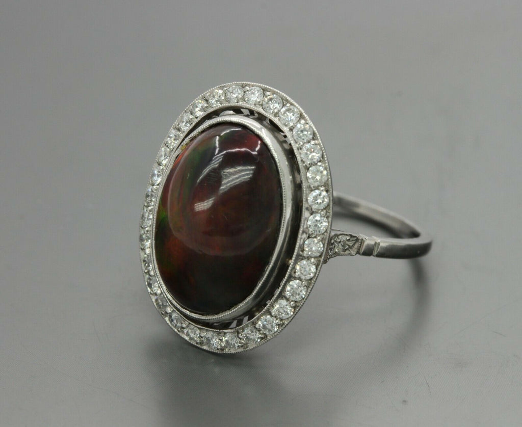 Vintage Platinum Black Australian Opal Diamond Cocktail Ring