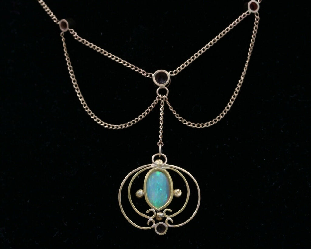 Art Nouveau 14K Yellow Gold Opal & Pink Tourmaline Festoon Necklace, Pendant.
