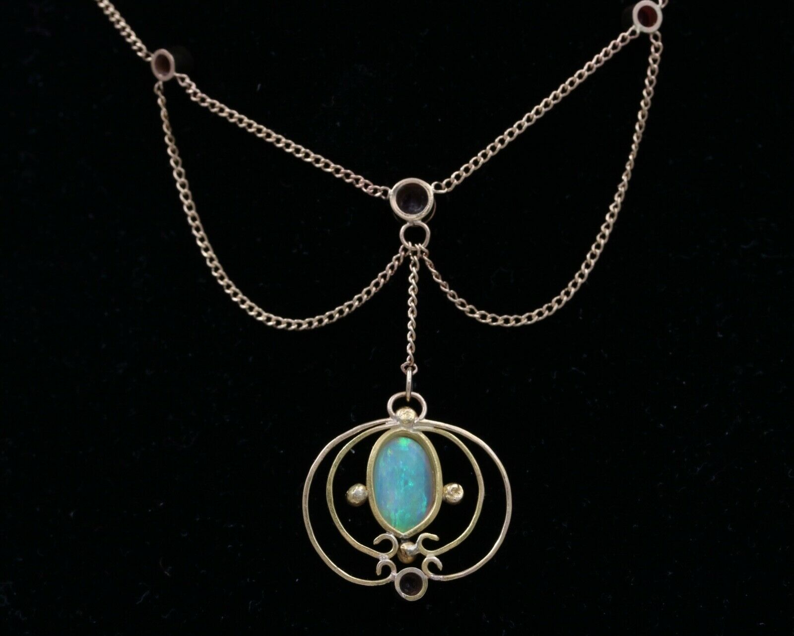 Art Nouveau 14K Yellow Gold Opal & Pink Tourmaline Festoon Necklace, Pendant.