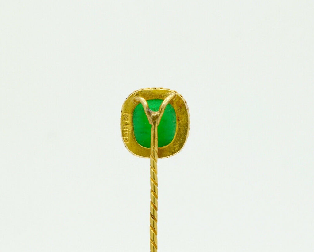 Vintage 18K Yellow Gold Rope Filagree Natural Jade Stick Pin