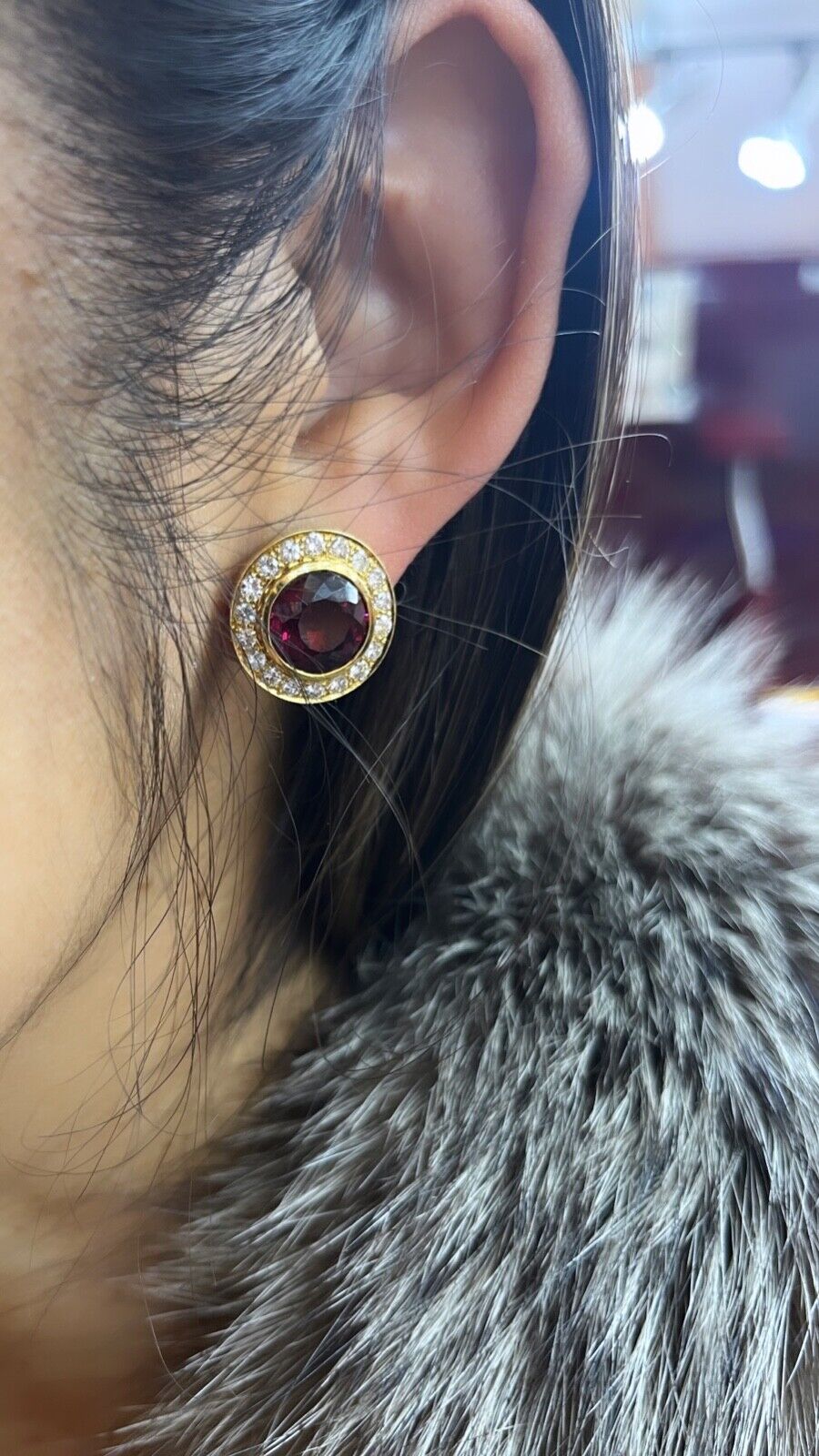Vintage Rhodolite Garnet & Diamond Halo 18K Yellow Gold Earrings