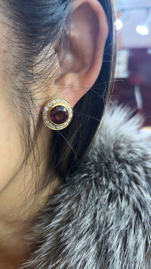 Vintage Rhodolite Garnet & Diamond Halo 18K Yellow Gold Earrings