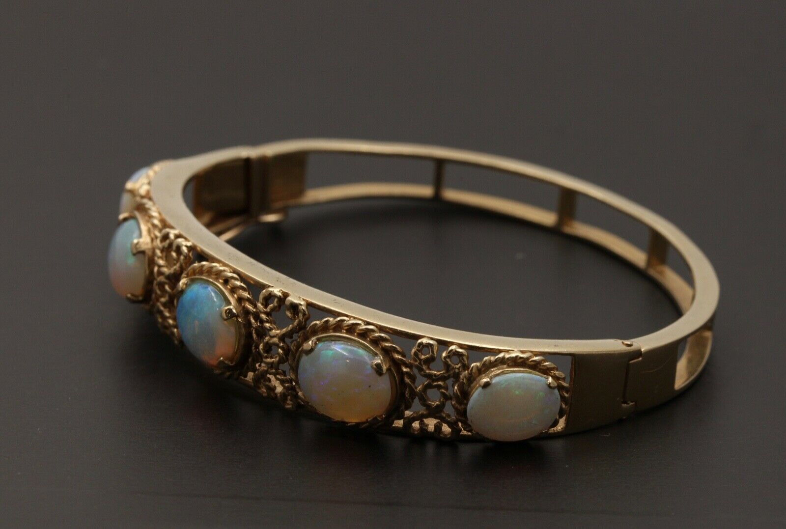 Vintage 14K Gold Rope Knot 5 Opal Bangle, Bracelet.
