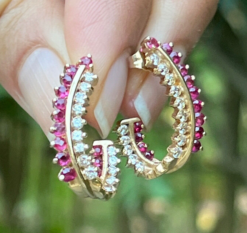 Vintage Retro 14K Gold Ruby and Diamond Huggie Earrings