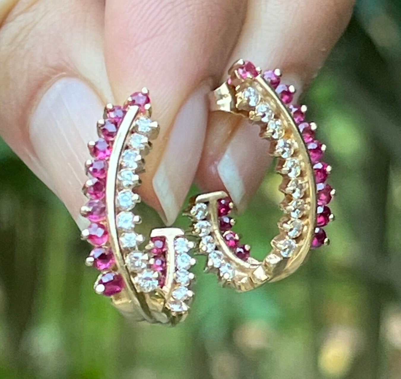 Vintage Retro 14K Gold Ruby and Diamond Huggie Earrings