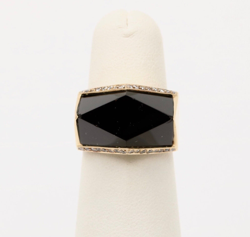 Vintage 14K Yellow Gold Geometric Onyx & Diamond Ring