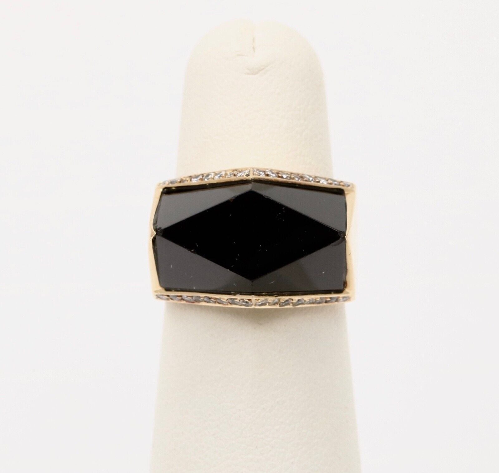 Vintage 14K Yellow Gold Geometric Onyx & Diamond Ring