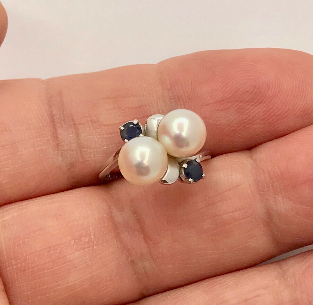Mikimoto Vintage Pearls Blue Sapphires 14K White Gold Ring