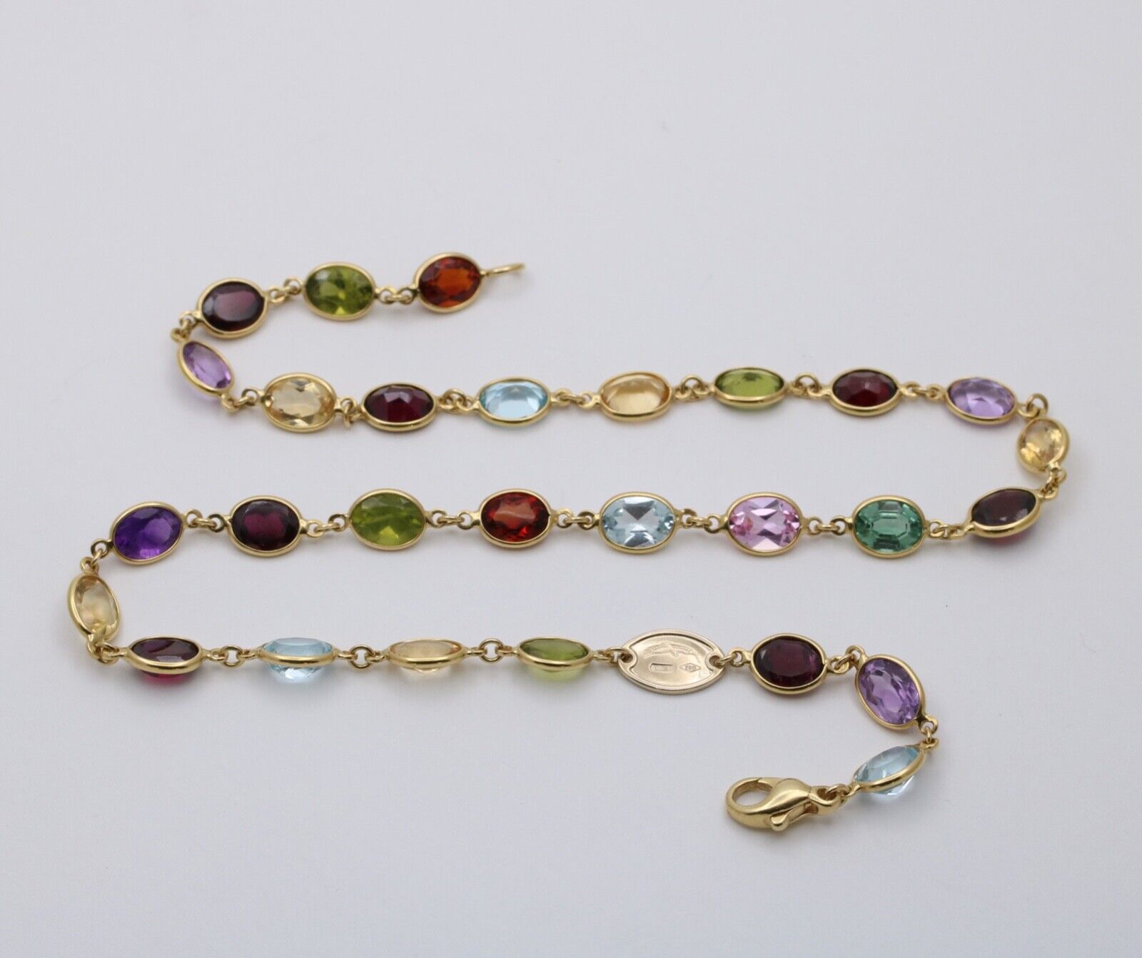 Vintage Multi Color Gemstone 18K Yellow Gold Station Necklace