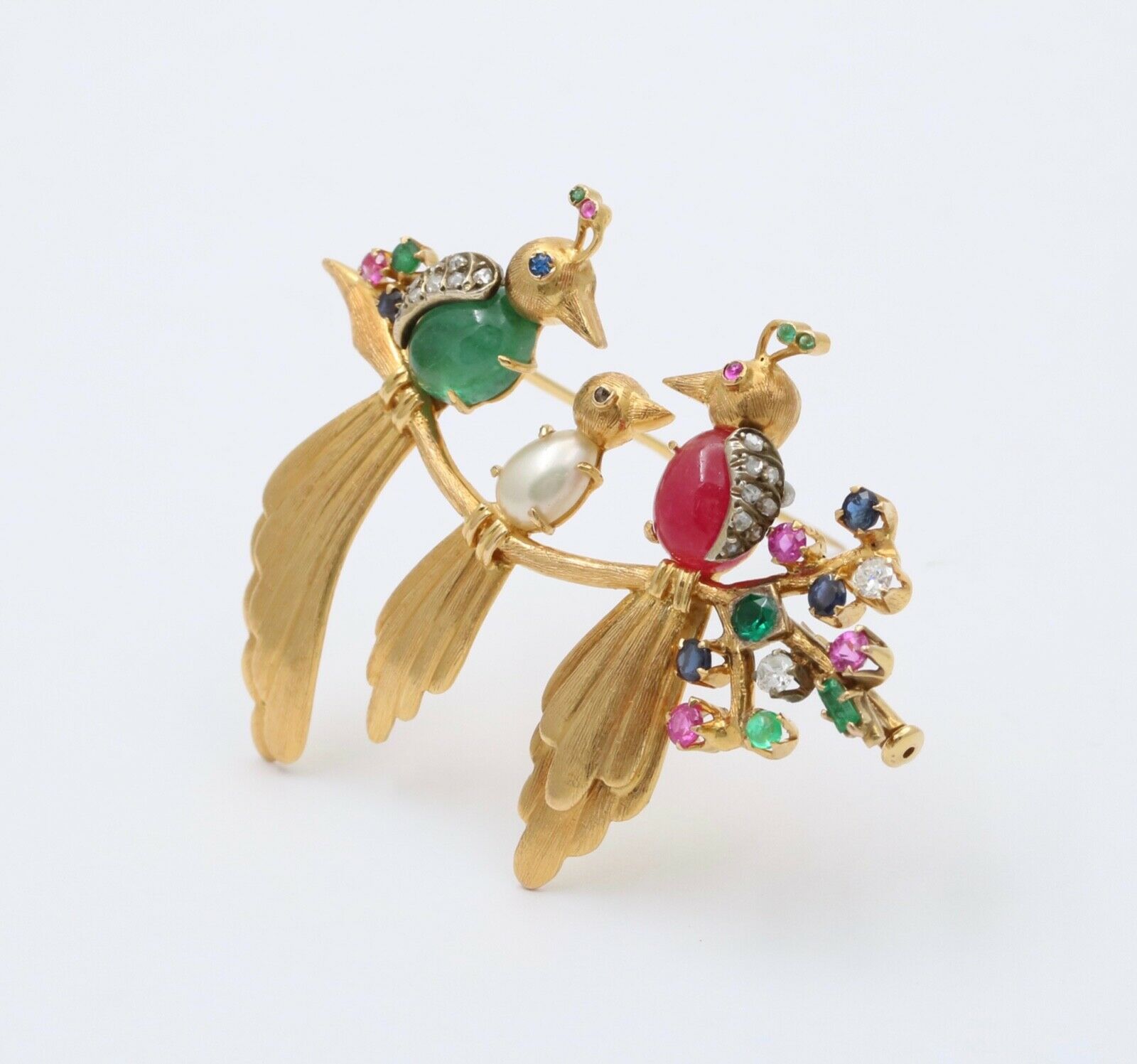 Birds of Paradise Emeralds Rubies Diamonds 18K YG Brooch