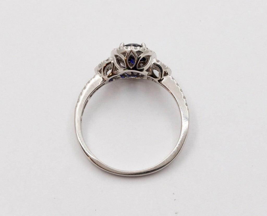 Vintage Cushion Cut Sapphire and Diamond Halo 14K White Gold Ring