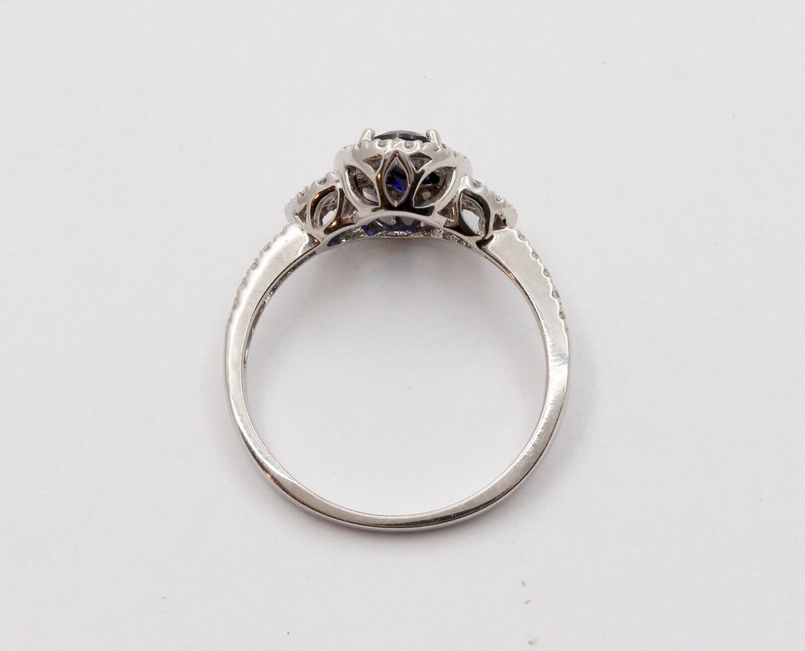 Vintage Cushion Cut Sapphire and Diamond Halo 14K White Gold Ring