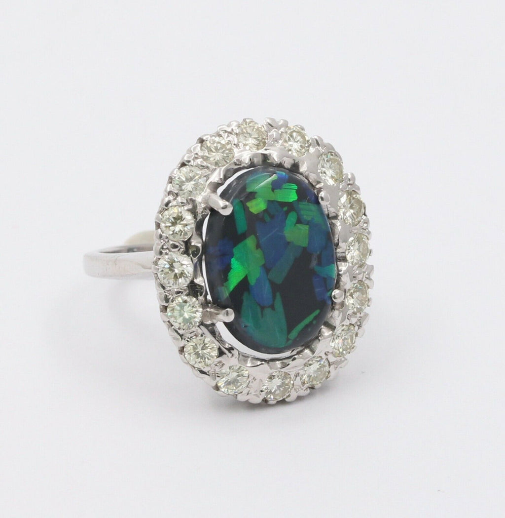 Vintage 14K White Gold Australian Black Opal Diamond Halo Setting Cocktail Ring