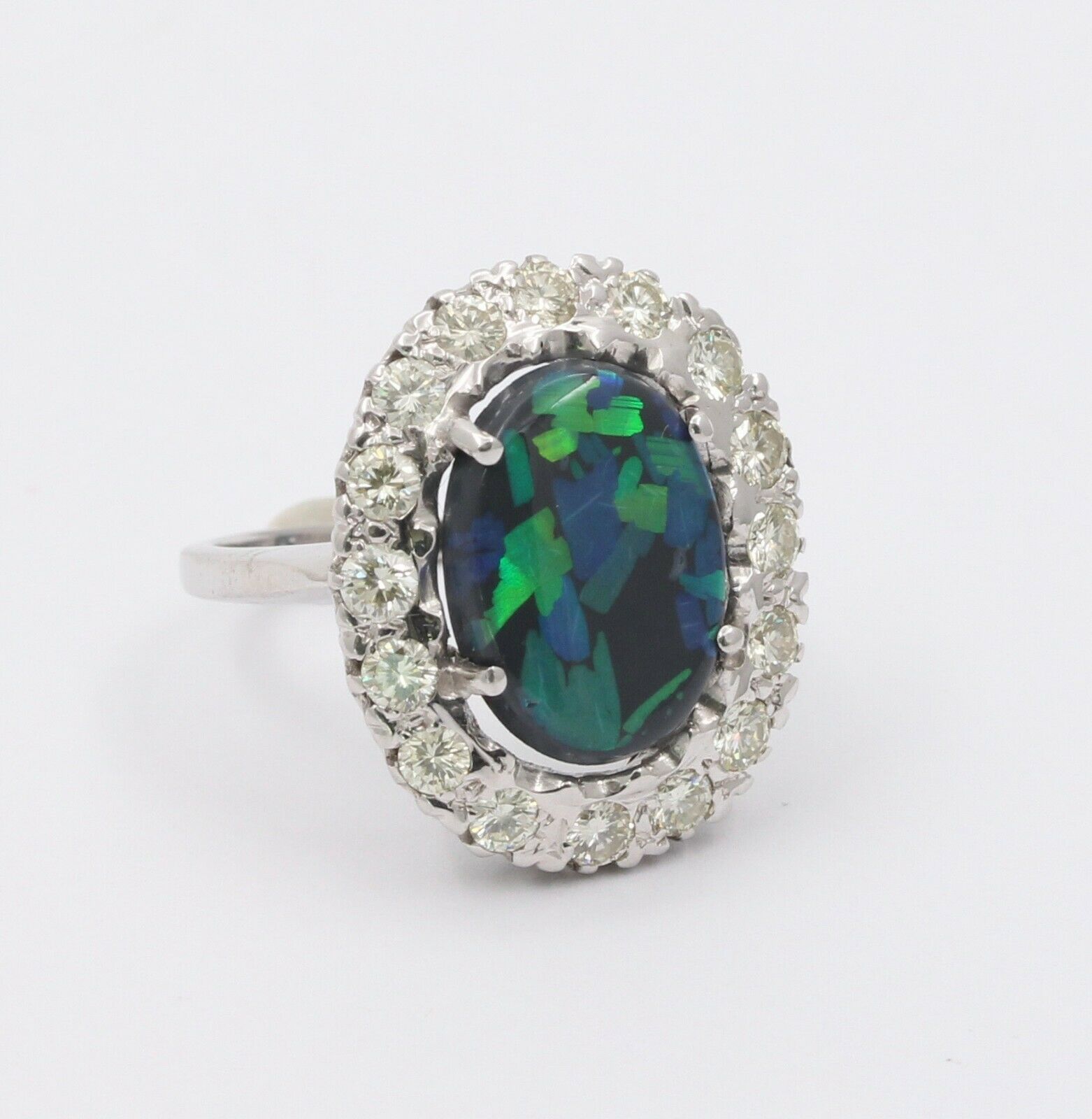 Vintage 14K White Gold Australian Black Opal Diamond Halo Setting Cocktail Ring