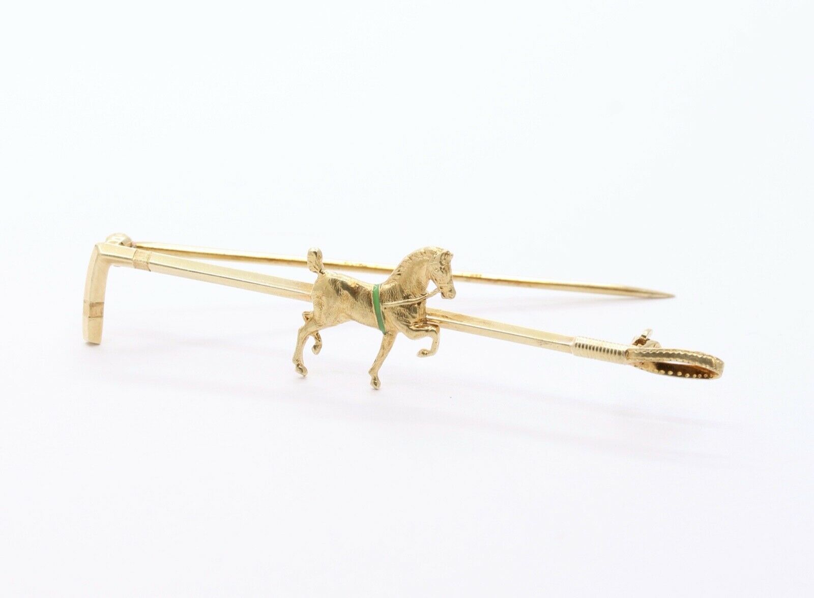 Vintage 14K Yellow Gold Horse and Riding Crop Enamel Brooch Pin