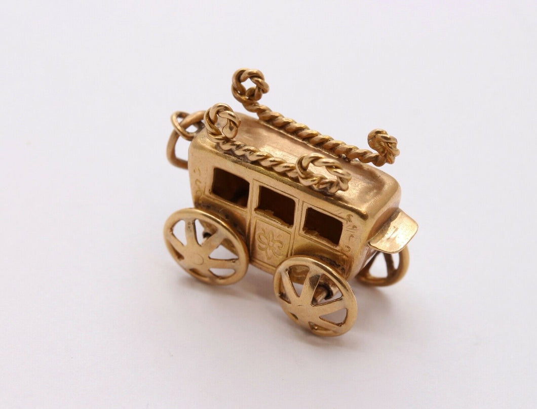 Vintage 14K Yellow Gold Carriage Stage Coach Pendant Charm Movable Wheels