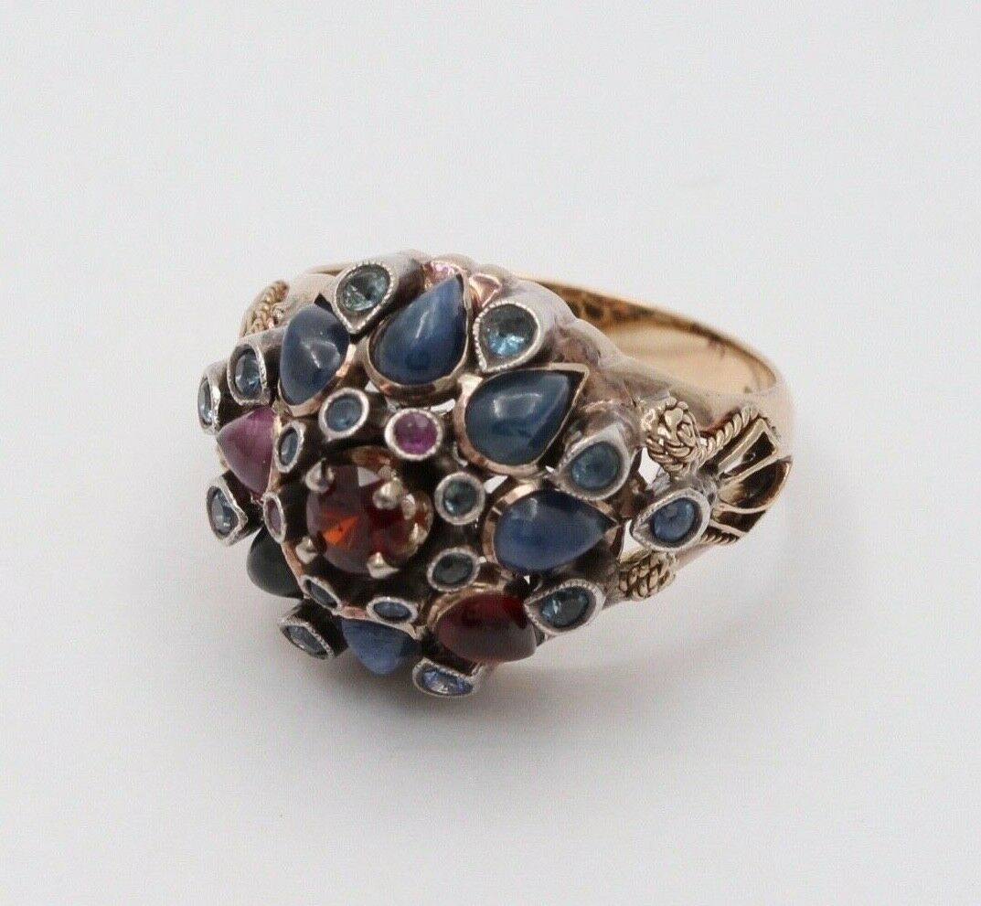 Vintage Multi Color Natural Sapphire, Blue Topaz, Pink Tourmaline and Garnet 14K
