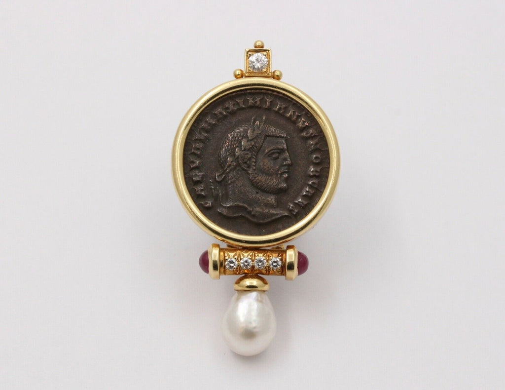 Roman Coin Rubies Diamond Pearl 18K Yellow Gold Brooch Pin
