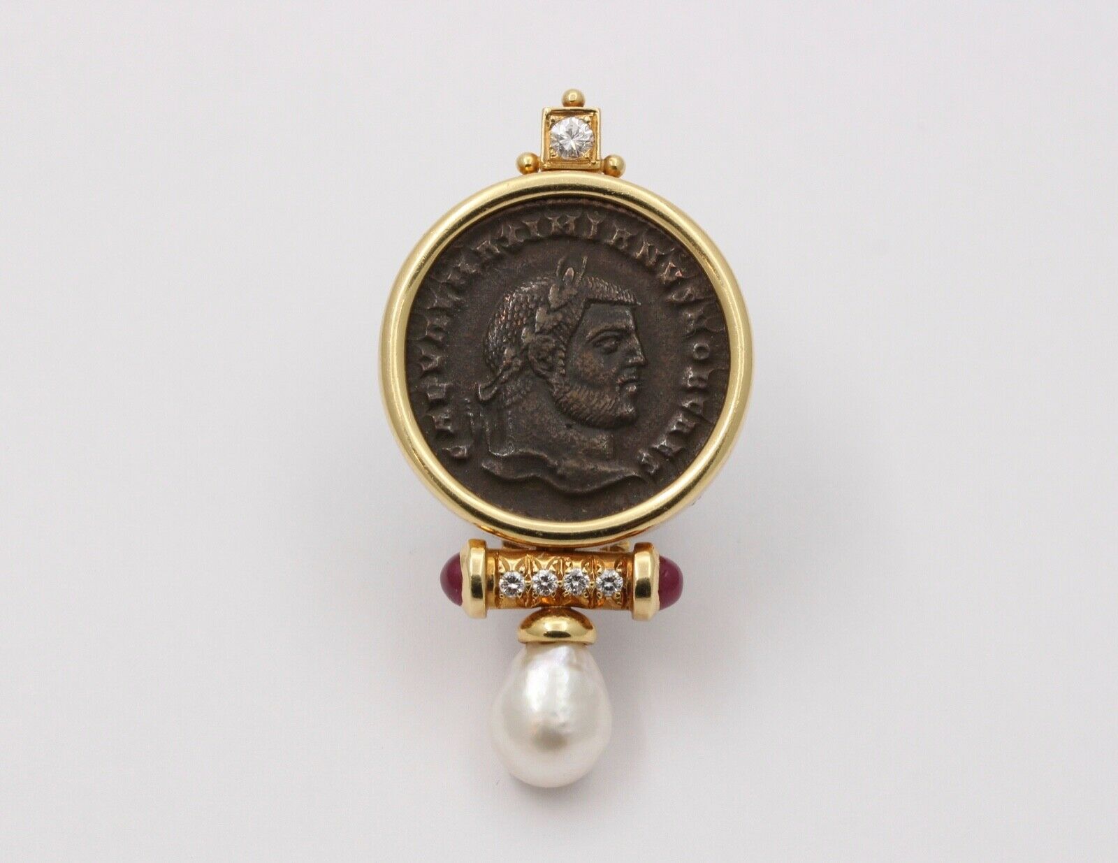 Roman Coin Rubies Diamond Pearl 18K Yellow Gold Brooch Pin
